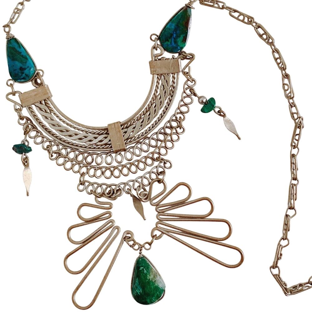 Vintage 1970s Turquoise Chrysoprase Malachite Tribal Revival Statement Necklace